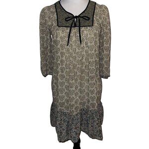 ZARA Peasant Mini Dress Beige Quilted Collar Bohemian 100% Cotton Size Small